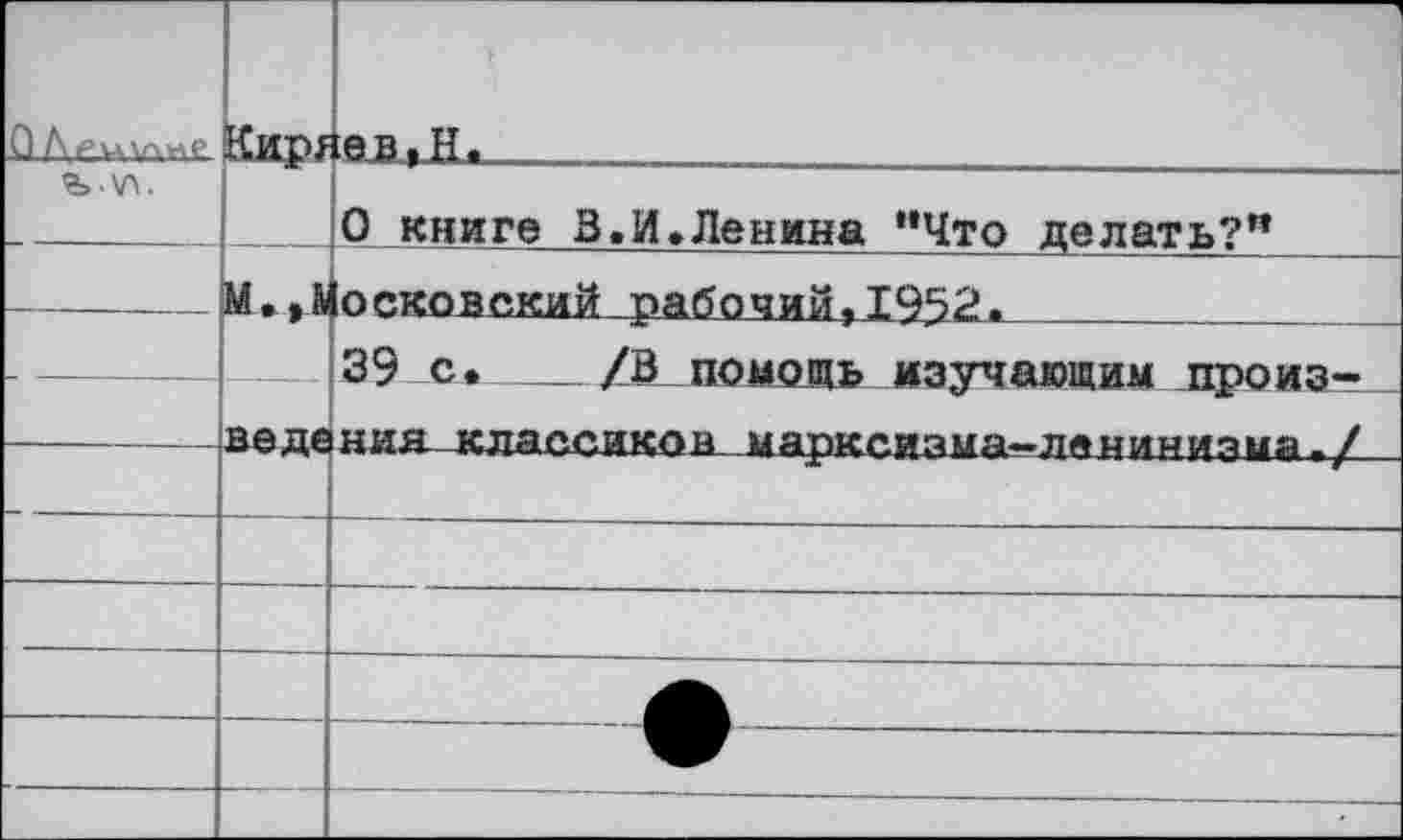 ﻿	Кир^			 '’ юв.Ш _
^.\л.		0 книге 3.И.Ленина "Что делать?"
	м.>»	осковский рабочий, 1952.	 	 39 с. /В помощь изучающим произ-
		
	ЯАП₽	иия кпяпаиклн ияпиг'иаия-плмииияия . /
		
		
		
	—	—•	
		